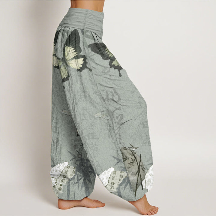 Buddha Stones純綿 蝶 竹の葉 漢字柄 レディース 伸縮性ウエスト ハーレムパンツ