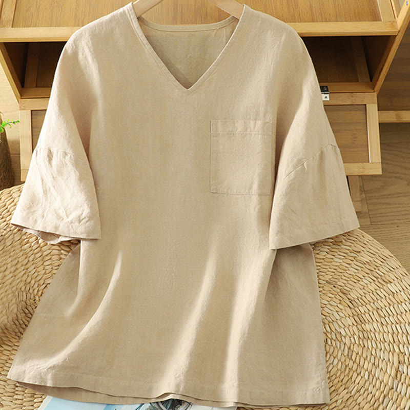 Buddha Stonesカジュアル 無地 レディース コットン リネン Vネック Tシャツ ポケット付き - 小麦 - US14、 UK/AU18、 EU46 (2XL) - image 1