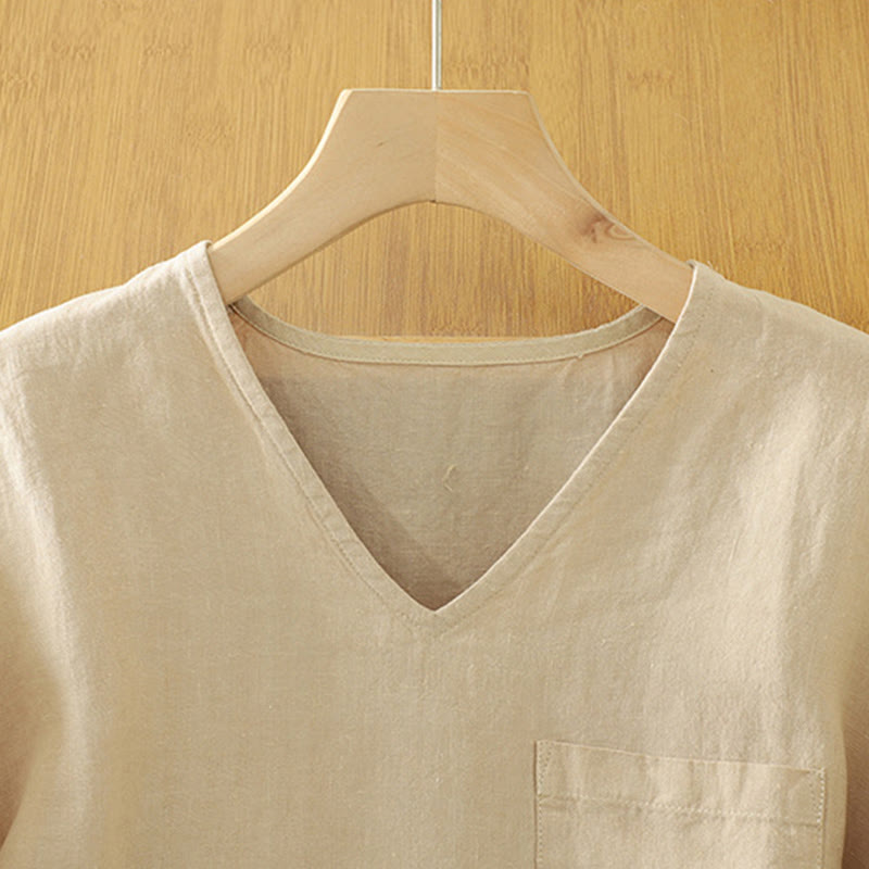 Buddha Stonesカジュアル 無地 レディース コットン リネン Vネック Tシャツ ポケット付き - image 2