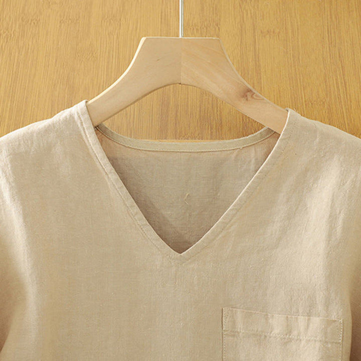 Buddha Stonesカジュアル 無地 レディース コットン リネン Vネック Tシャツ ポケット付き - image 2