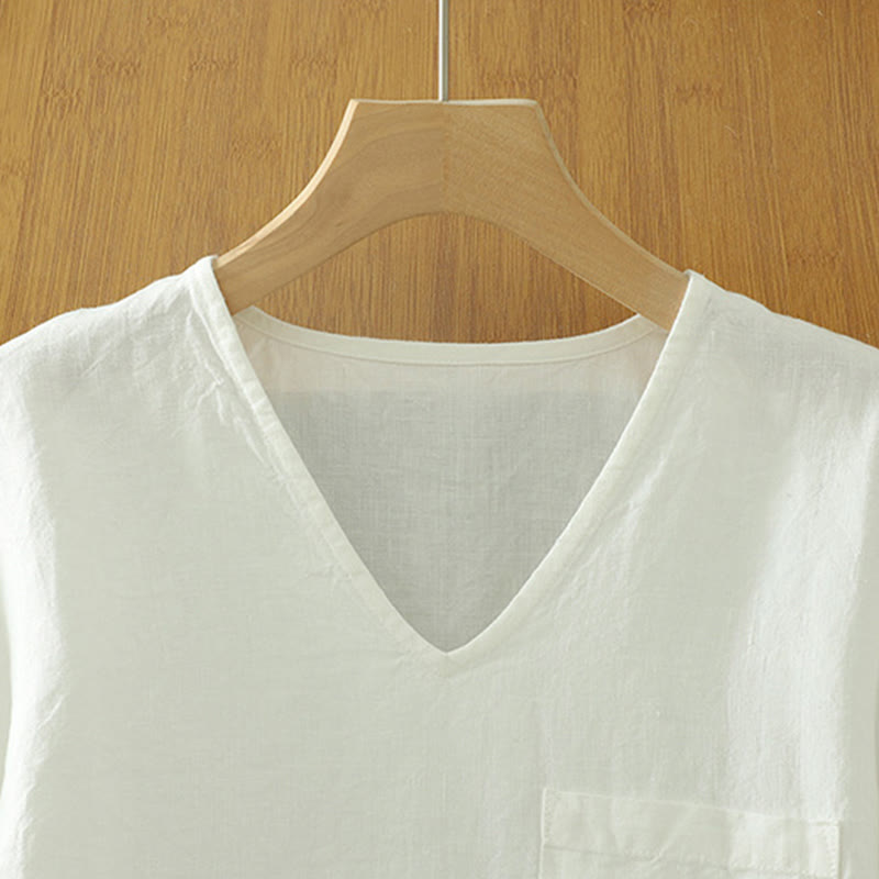 Buddha Stonesカジュアル 無地 レディース コットン リネン Vネック Tシャツ ポケット付き - image 8