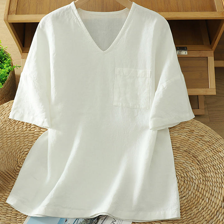 Buddha Stonesカジュアル 無地 レディース コットン リネン Vネック Tシャツ ポケット付き - 白 - US14、 UK/AU18、 EU46 (2XL) - image 6