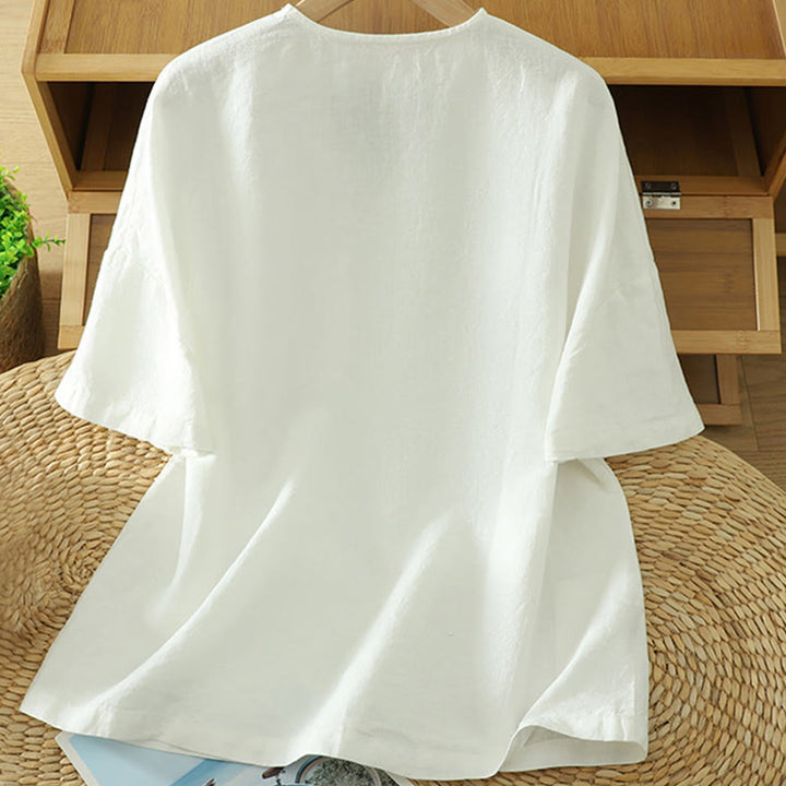 Buddha Stonesカジュアル 無地 レディース コットン リネン Vネック Tシャツ ポケット付き - image 7