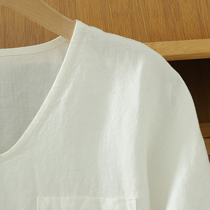 Buddha Stonesカジュアル 無地 レディース コットン リネン Vネック Tシャツ ポケット付き - image 14