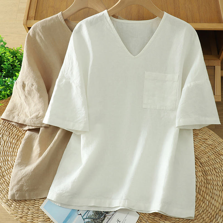 Buddha Stonesカジュアル 無地 レディース コットン リネン Vネック Tシャツ ポケット付き - image 15