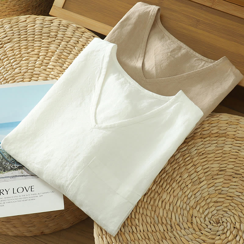 Buddha Stonesカジュアル 無地 レディース コットン リネン Vネック Tシャツ ポケット付き - image 16