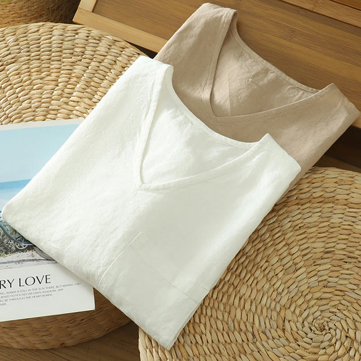 Buddha Stonesカジュアル 無地 レディース コットン リネン Vネック Tシャツ ポケット付き - image 16