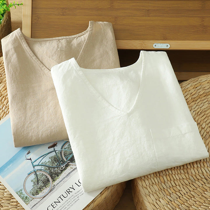 Buddha Stonesカジュアル 無地 レディース コットン リネン Vネック Tシャツ ポケット付き - image 17