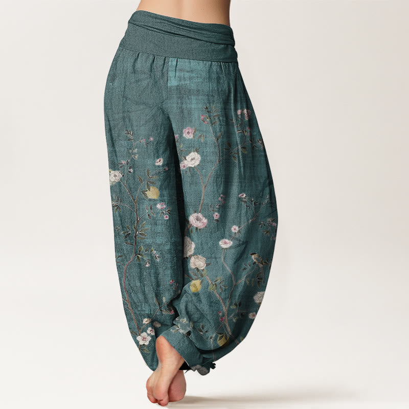 Buddha Stones純綿 ピンク 白 花 竹 葉 フルーツ デザイン レディース 伸縮性ウエスト ハーレムパンツ - image 1