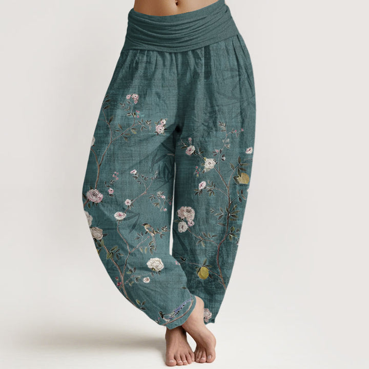 Buddha Stones純綿 ピンク 白 花 竹 葉 フルーツ デザイン レディース 伸縮性ウエスト ハーレムパンツ