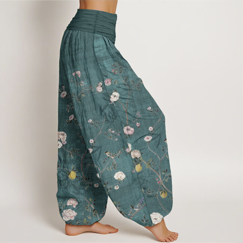 Buddha Stones純綿 ピンク 白 花 竹 葉 フルーツ デザイン レディース 伸縮性ウエスト ハーレムパンツ