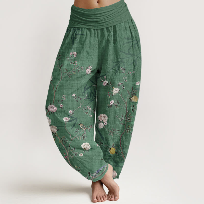 Buddha Stones純綿 ピンク 白 花 竹 葉 フルーツ デザイン レディース 伸縮性ウエスト ハーレムパンツ