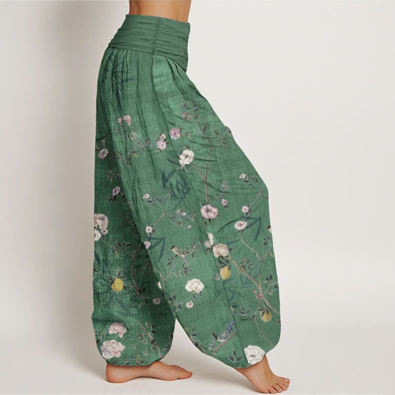 Buddha Stones純綿 ピンク 白 花 竹 葉 フルーツ デザイン レディース 伸縮性ウエスト ハーレムパンツ