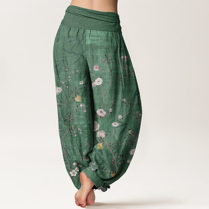 Buddha Stones純綿 ピンク 白 花 竹 葉 フルーツ デザイン レディース 伸縮性ウエスト ハーレムパンツ - image 7