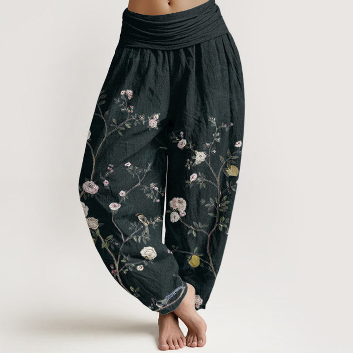 Buddha Stones純綿 ピンク 白 花 竹 葉 フルーツ デザイン レディース 伸縮性ウエスト ハーレムパンツ