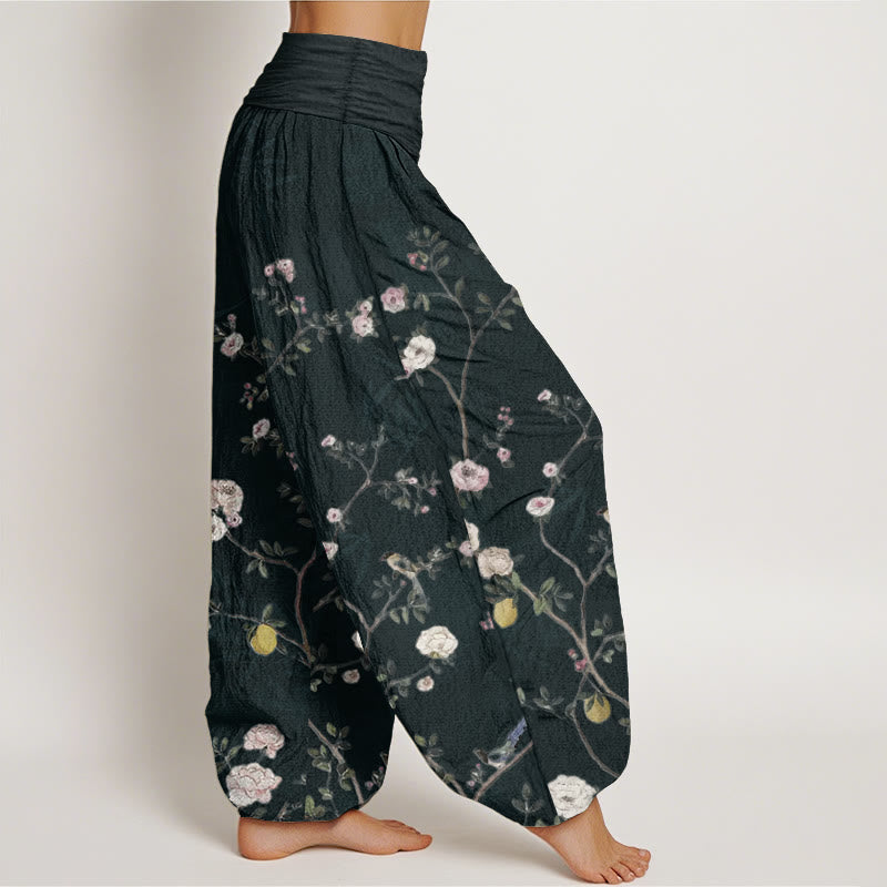 Buddha Stones純綿 ピンク 白 花 竹 葉 フルーツ デザイン レディース 伸縮性ウエスト ハーレムパンツ
