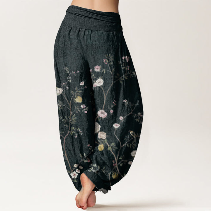 Buddha Stones純綿 ピンク 白 花 竹 葉 フルーツ デザイン レディース 伸縮性ウエスト ハーレムパンツ