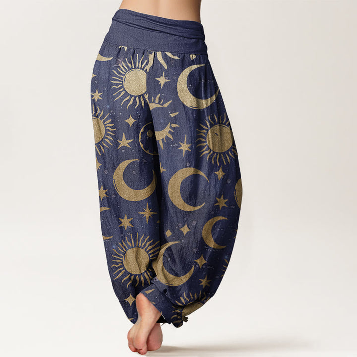 Buddha Stones純綿 三日月 太陽 星柄デザイン レディース 伸縮性ウエスト ハーレムパンツ