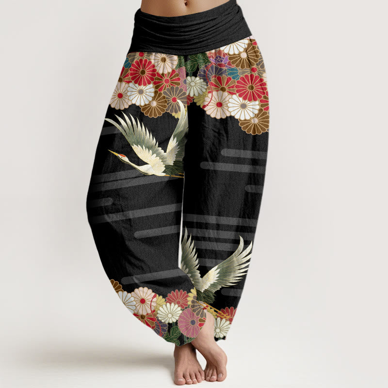 Buddha Stonesカジュアル鶴菊柄レディース伸縮性ウエストハーレムパンツ - 黒 - US22、 UK/AU26、 EU54 (6XL) - image 1