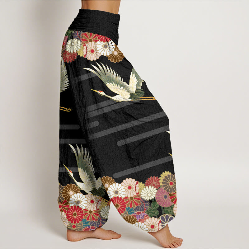 Buddha Stonesカジュアル鶴菊柄レディース伸縮性ウエストハーレムパンツ - image 2