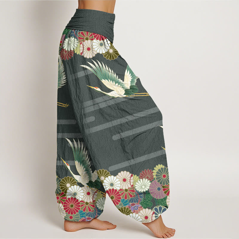 Buddha Stonesカジュアル鶴菊柄レディース伸縮性ウエストハーレムパンツ - image 6