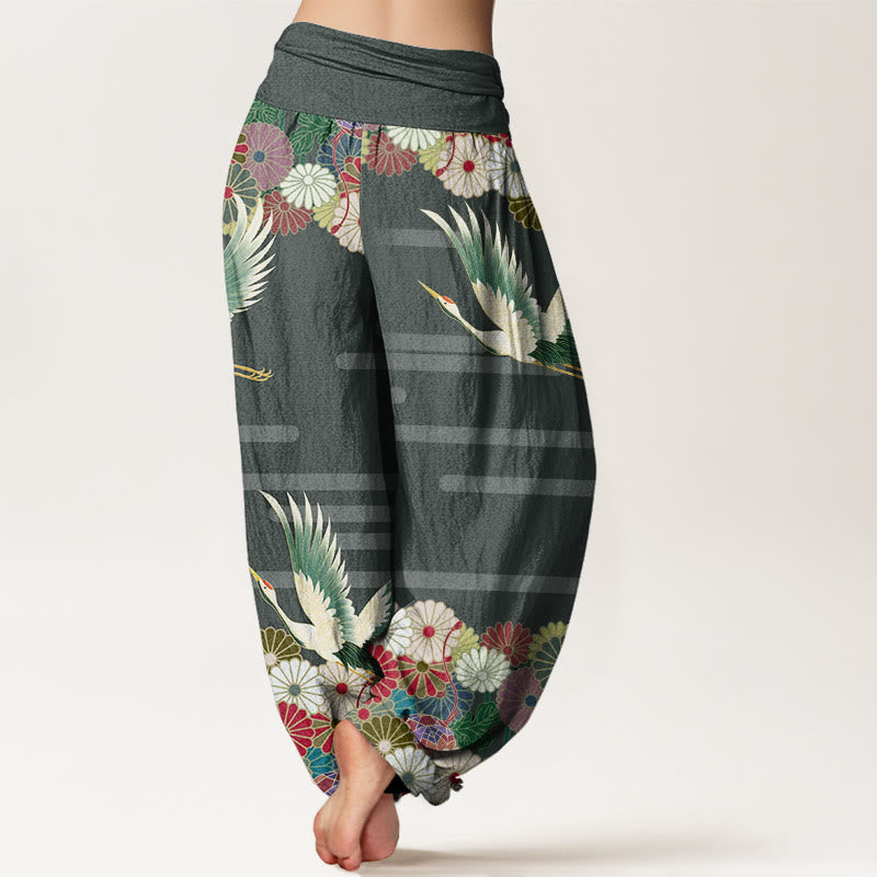 Buddha Stonesコットンカジュアル鶴菊柄レディース伸縮性ウエストハーレムパンツ - image 6