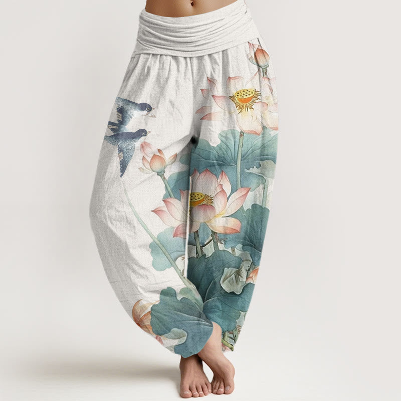 Buddha Stonesカジュアル夏蓮池柄レディース伸縮性ウエストハーレムパンツ - 雪 - US22、 UK/AU26、 EU54 (6XL) - image 1