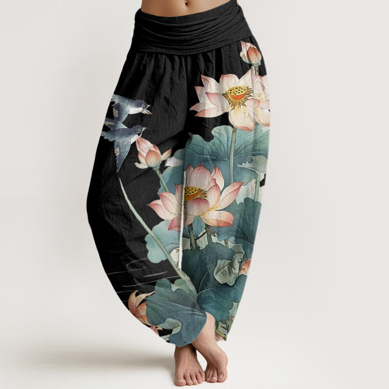 Buddha Stonesカジュアル夏蓮池柄レディース伸縮性ウエストハーレムパンツ - 黒 - US22、 UK/AU26、 EU54 (6XL) - image 5