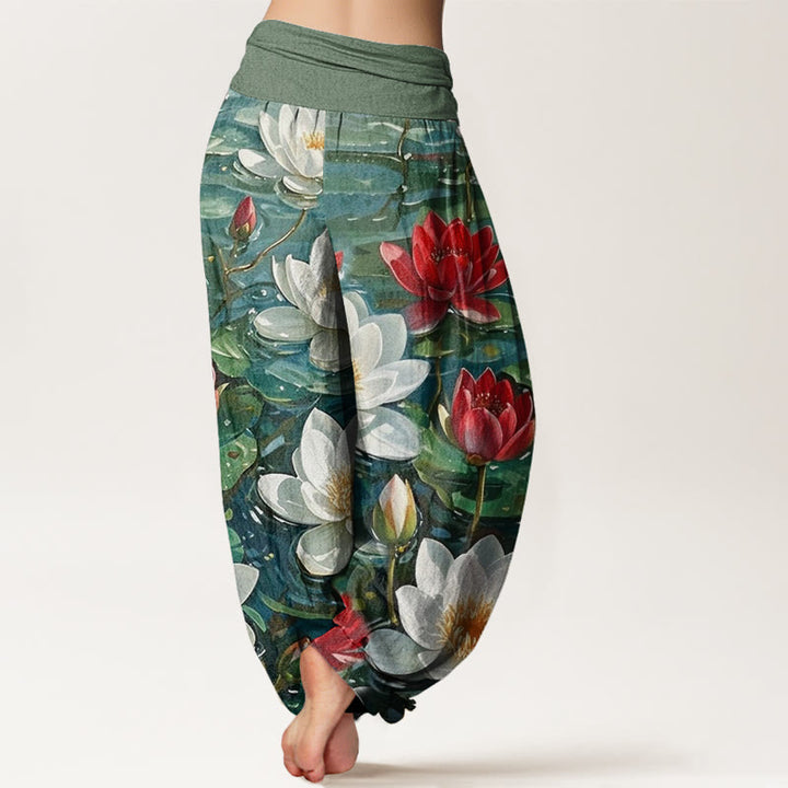 Buddha Stonesカジュアル 咲き誇る赤い蓮の花柄 レディース 伸縮性ウエスト ハーレムパンツ - image 3