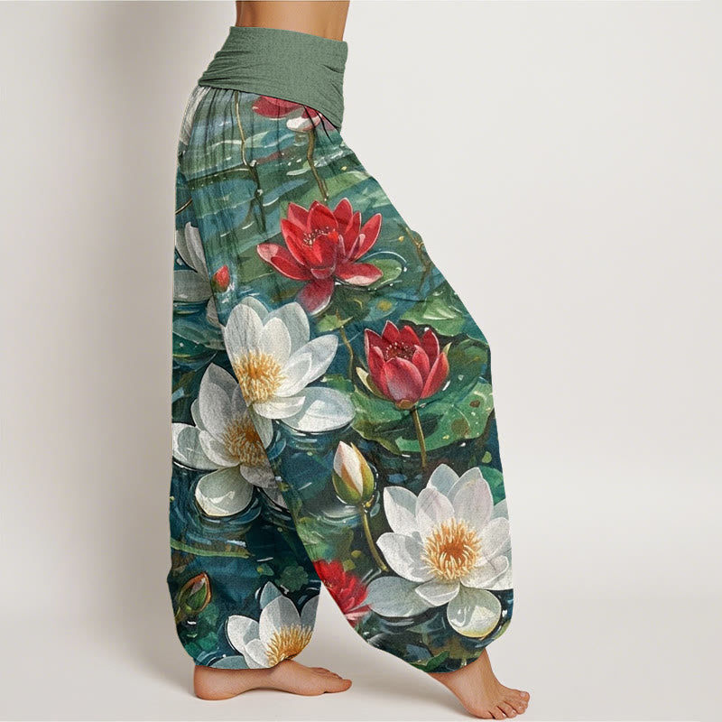 Buddha Stonesカジュアル 咲き誇る赤い蓮の花柄 レディース 伸縮性ウエスト ハーレムパンツ - image 2