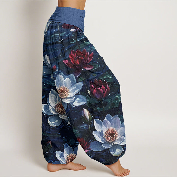Buddha Stonesカジュアル 咲き誇る赤い蓮の花柄 レディース 伸縮性ウエスト ハーレムパンツ - image 6