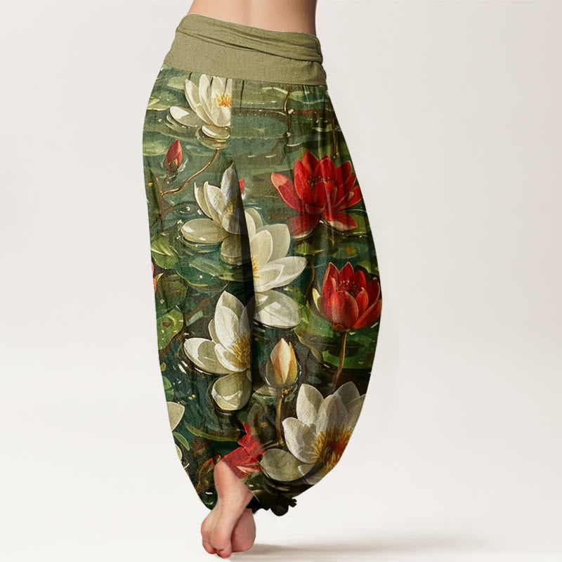 Buddha Stonesカジュアル 咲き誇る赤い蓮の花柄 レディース 伸縮性ウエスト ハーレムパンツ - image 10