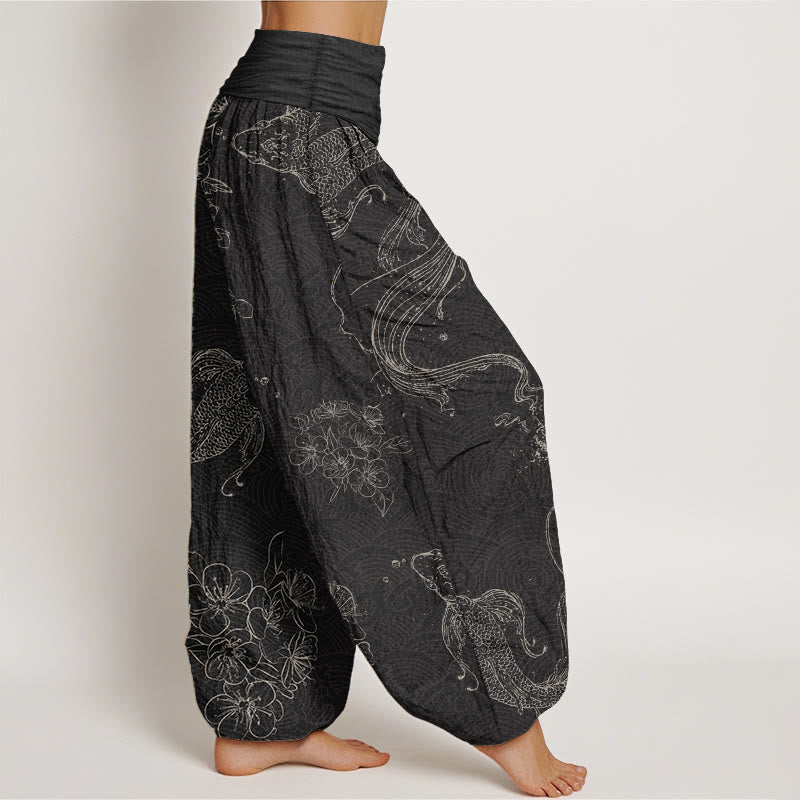 Buddha Stonesピュアコットン 鯉柄 花柄 レディース 伸縮性ウエスト ハーレムパンツ - image 2