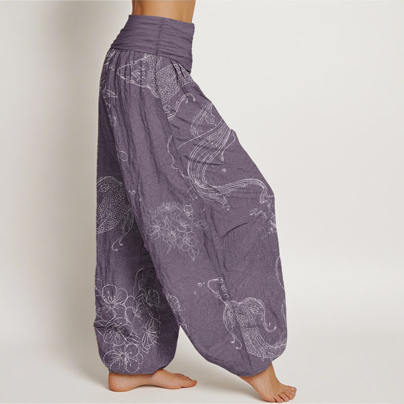 Buddha Stonesピュアコットン 鯉柄 花柄 レディース 伸縮性ウエスト ハーレムパンツ - image 7