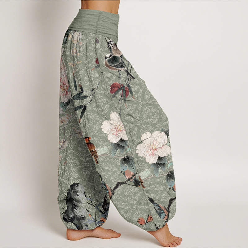 Buddha Stones純綿 ウグイス鳥 咲く花 枝 曼荼羅柄 レディース 伸縮性ウエスト ハーレムパンツ