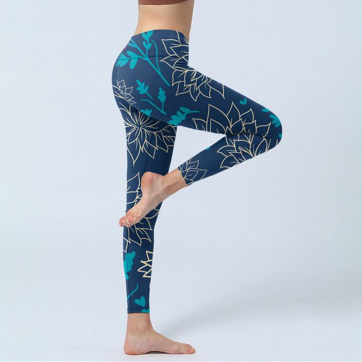 Buddha Stones、ベージュ、花、青い葉のプリント、ジムレギンス、レディースヨガパンツ - image 4