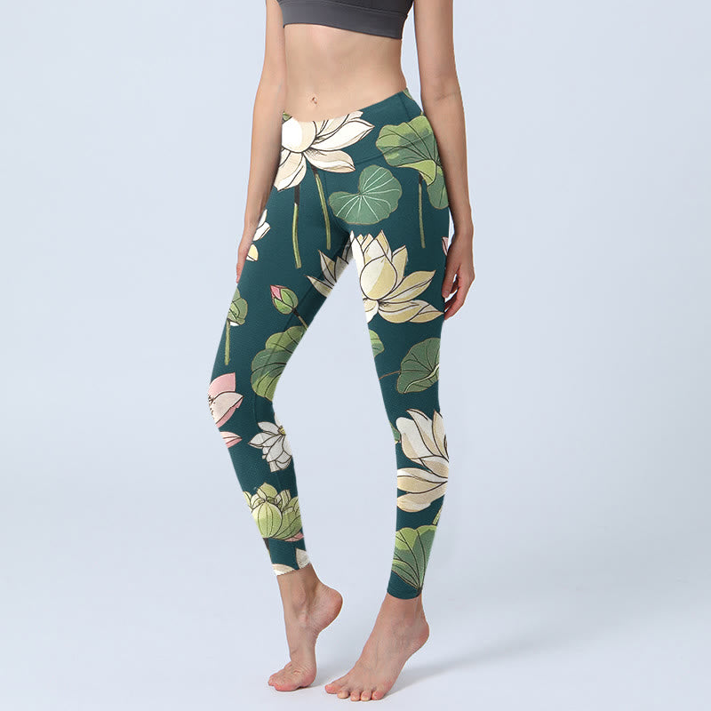 Buddha Stonesベージュ ピンク 蓮の花 葉 プリント ジムレギンス レディース ヨガパンツ - ティール - US18、 UK/AU22、 EU50 (4XL) - image 1