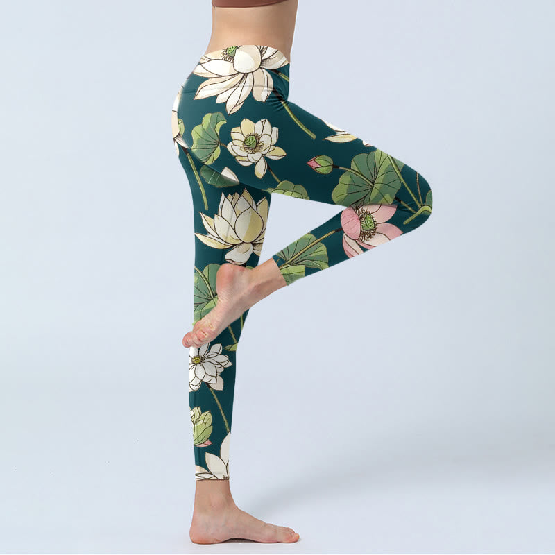 Buddha Stonesベージュ ピンク 蓮の花 葉 プリント ジムレギンス レディース ヨガパンツ - image 4