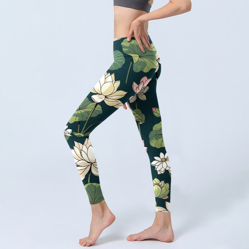 Buddha Stonesベージュ ピンク 蓮の花 葉 プリント ジムレギンス レディース ヨガパンツ - image 3
