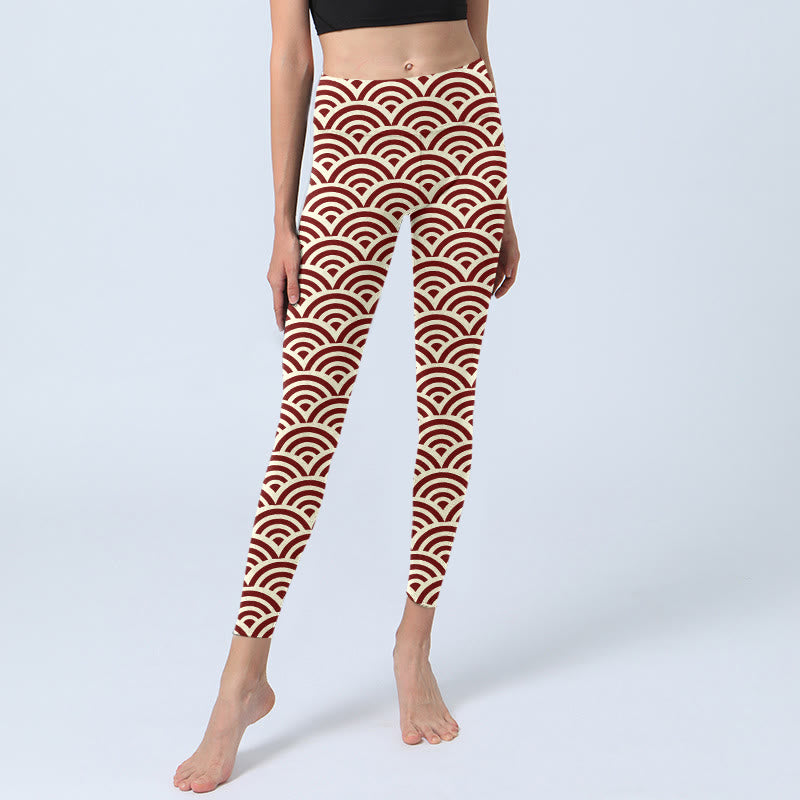 Buddha Stonesレッドベージュ 扇形プリント ジムレギンス レディース ヨガパンツ - image 6