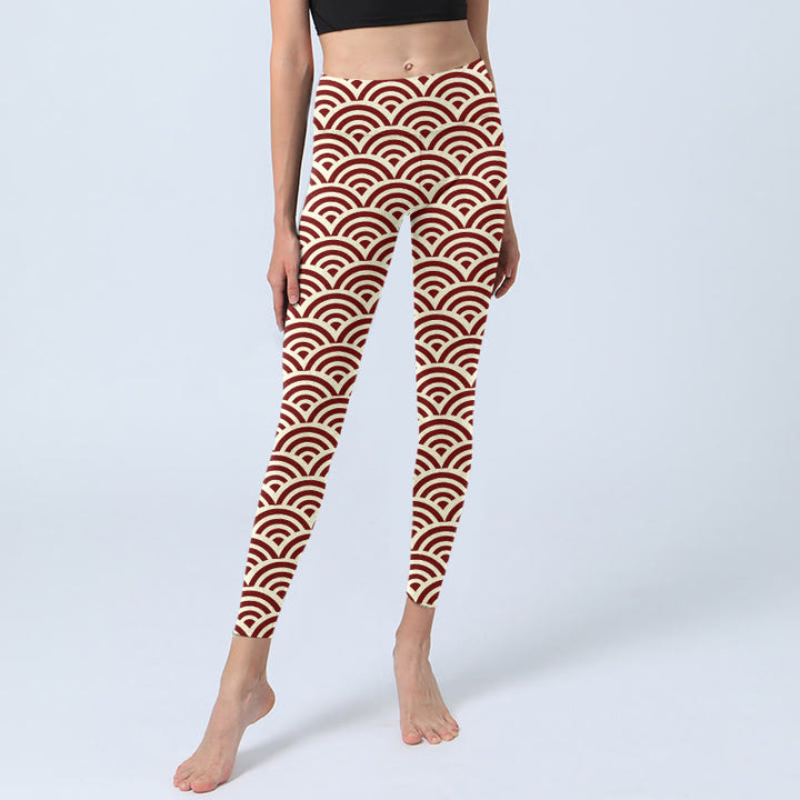 Buddha Stonesレッドベージュ 扇形プリント ジムレギンス レディース ヨガパンツ - image 6