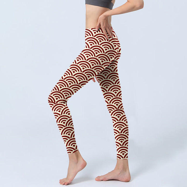 Buddha Stonesレッドベージュ 扇形プリント ジムレギンス レディース ヨガパンツ - image 3