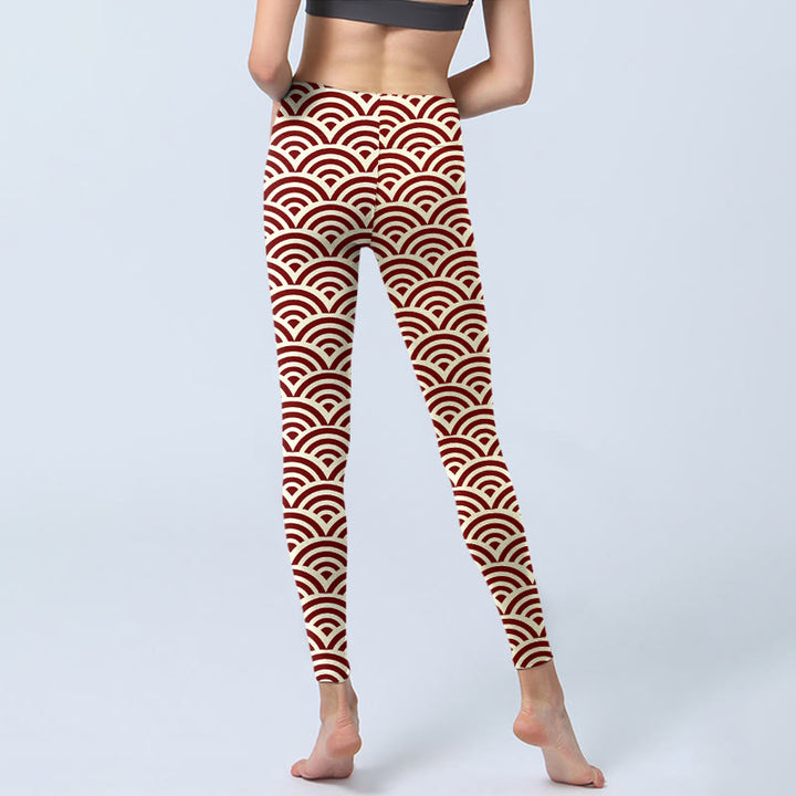 Buddha Stonesレッドベージュ 扇形プリント ジムレギンス レディース ヨガパンツ - image 7