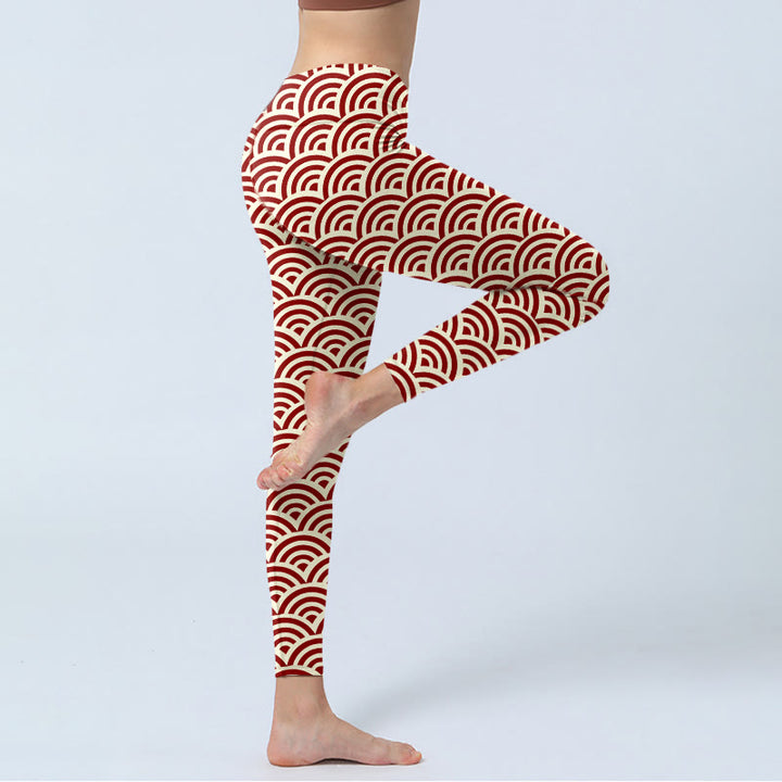Buddha Stonesレッドベージュ 扇形プリント ジムレギンス レディース ヨガパンツ - image 4