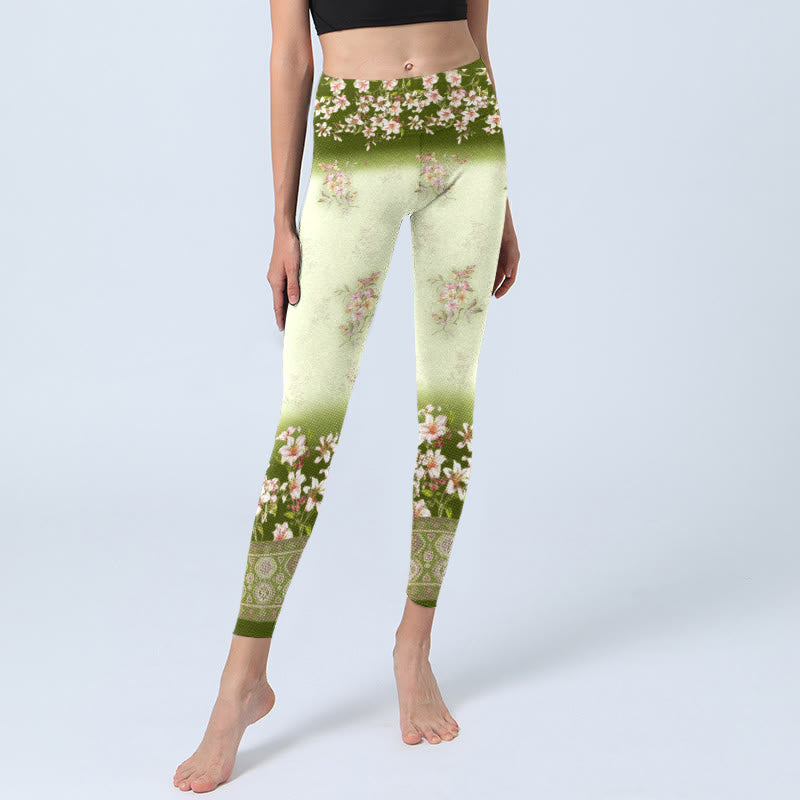 Buddha Stones、ピンクの花、緑の葉のプリントジムレギンス、レディースヨガパンツ - image 6