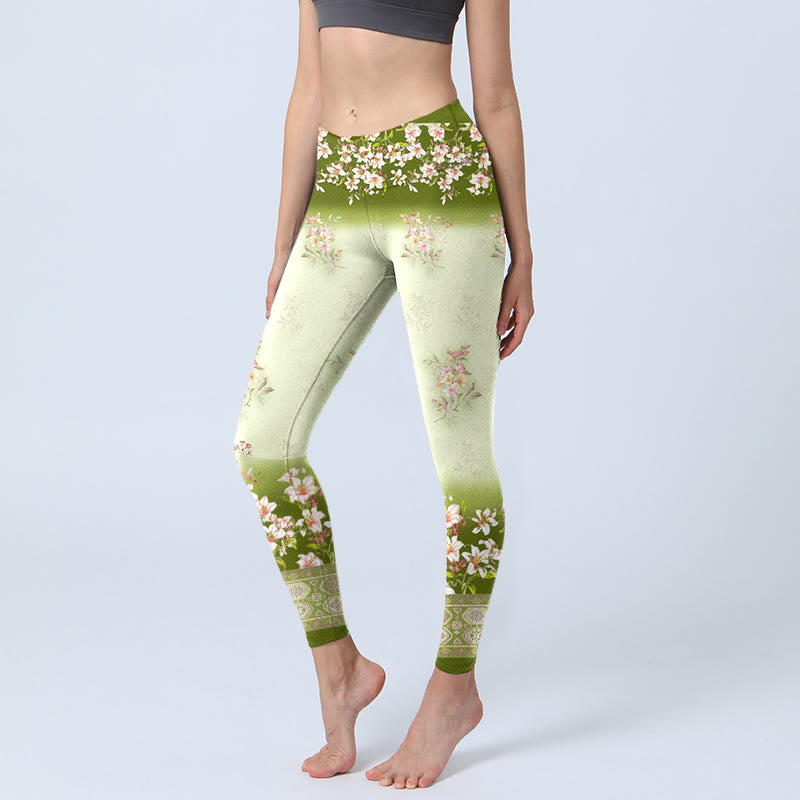 Buddha Stones、ピンクの花、緑の葉のプリントジムレギンス、レディースヨガパンツ - 甘露 - US18、 UK/AU22、 EU50 (4XL) - image 1