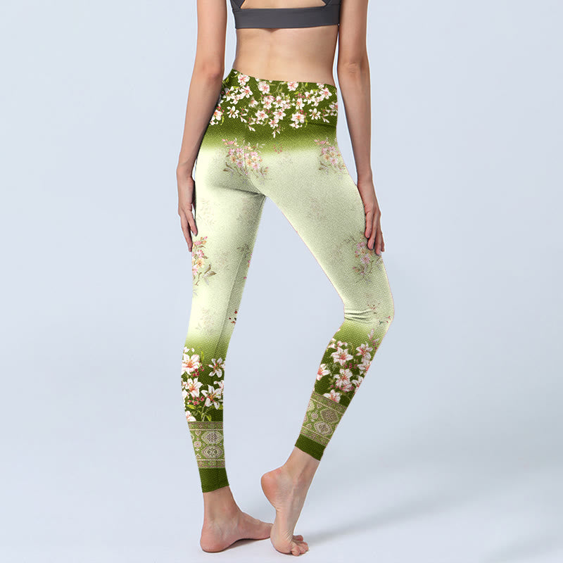Buddha Stones、ピンクの花、緑の葉のプリントジムレギンス、レディースヨガパンツ - image 5