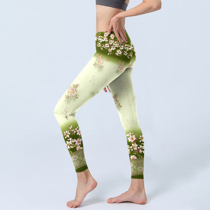 Buddha Stones、ピンクの花、緑の葉のプリントジムレギンス、レディースヨガパンツ - image 3