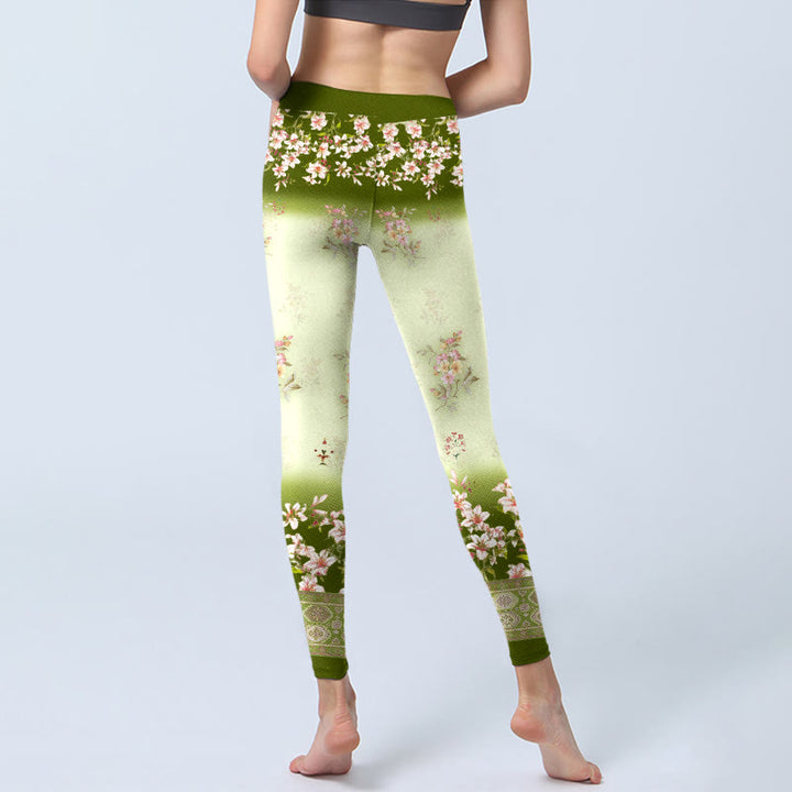 Buddha Stones、ピンクの花、緑の葉のプリントジムレギンス、レディースヨガパンツ - image 7