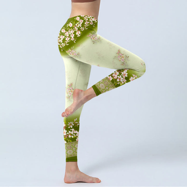 Buddha Stones、ピンクの花、緑の葉のプリントジムレギンス、レディースヨガパンツ - image 4